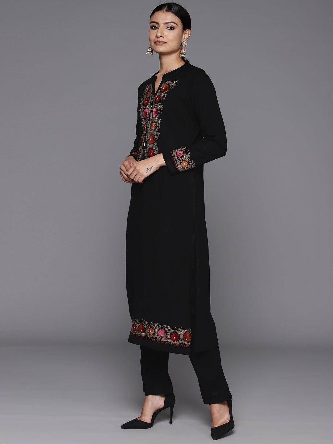 Black Yoke Design Wool Straight Kurta With Trousers - ShopLibas