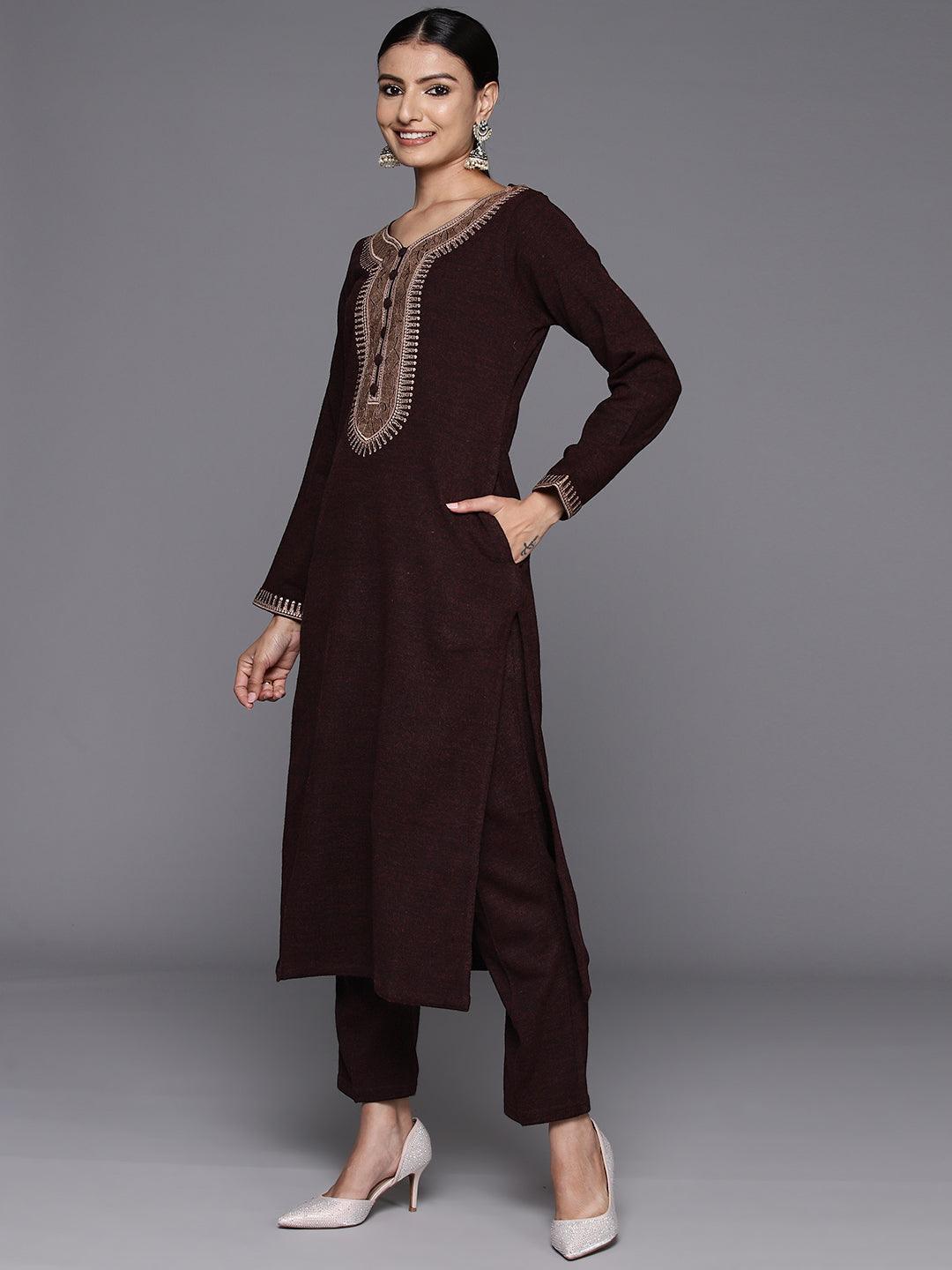 Rust Yoke Design Wool Straight Kurta With Trousers - ShopLibas