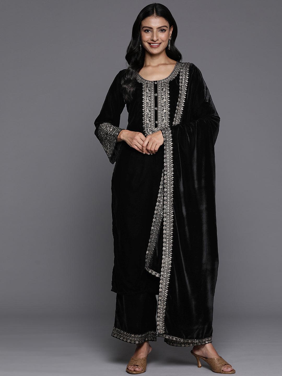 Black Yoke Design Velvet Straight Kurta With Palazzos & Dupatta - ShopLibas