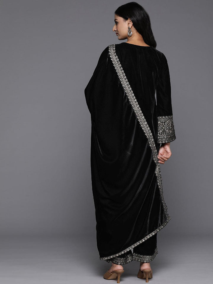 Black Yoke Design Velvet Straight Kurta With Palazzos & Dupatta - ShopLibas