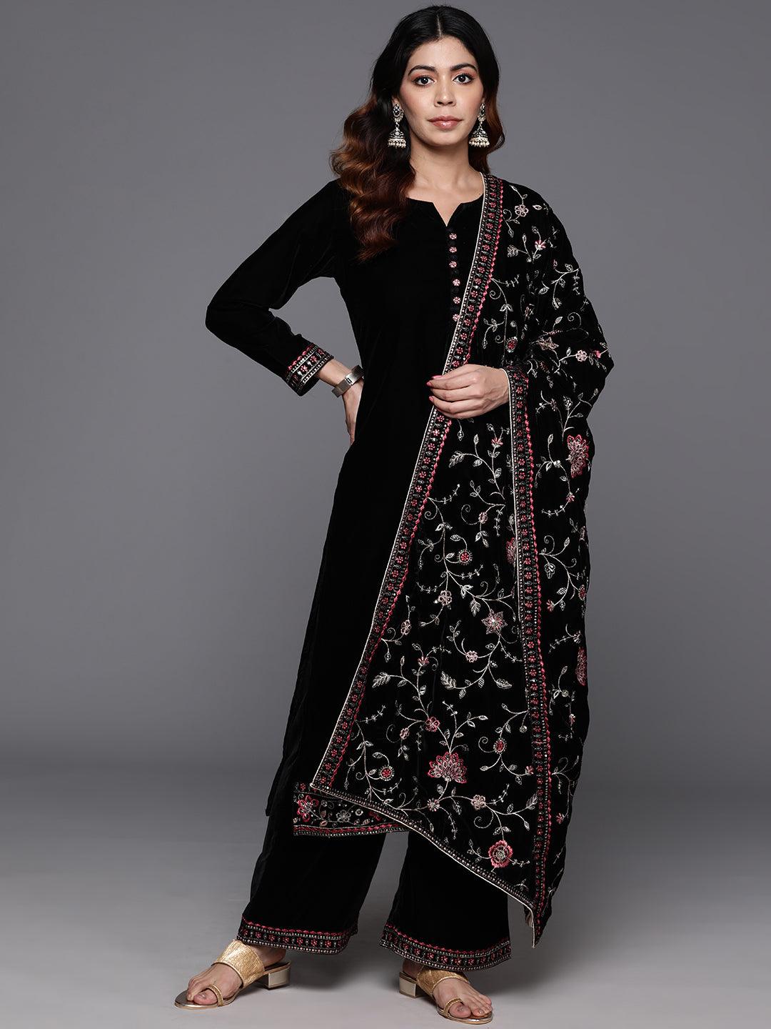 Black Solid Velvet Straight Kurta With Palazzos & Dupatta - ShopLibas