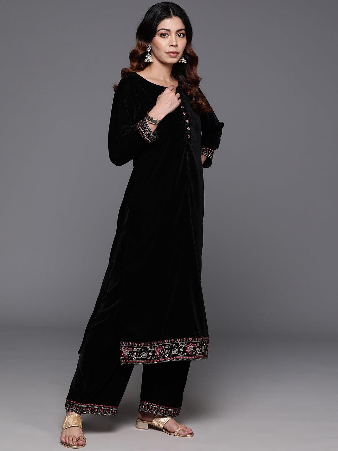 Black Solid Velvet Straight Kurta With Palazzos & Dupatta - ShopLibas