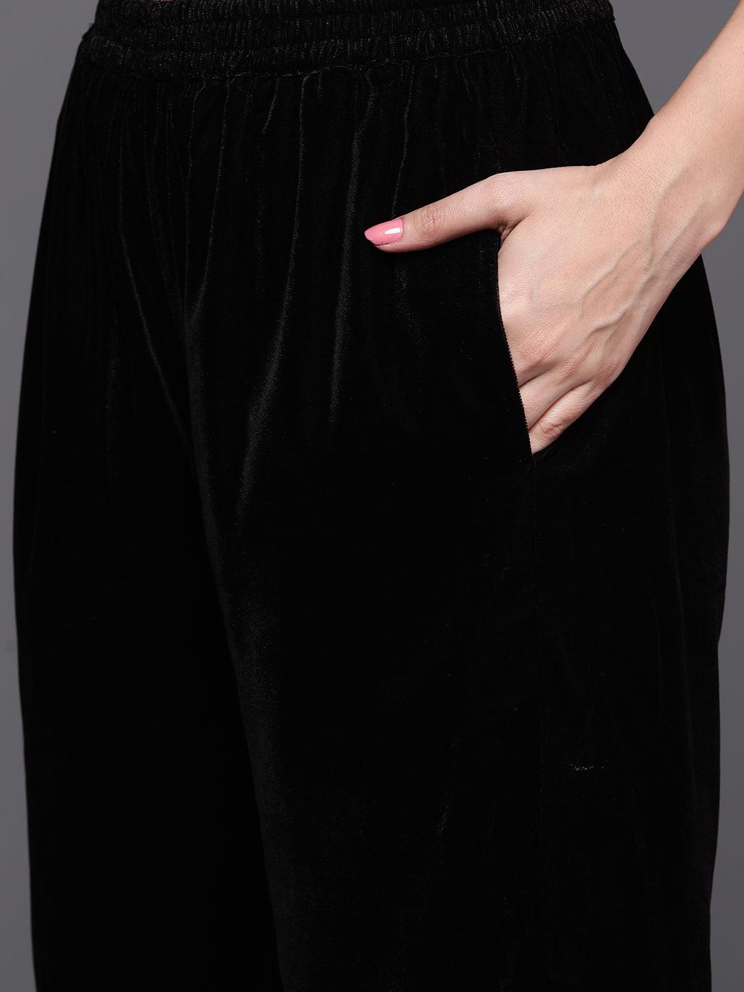 Black Solid Velvet Straight Kurta With Palazzos & Dupatta - ShopLibas