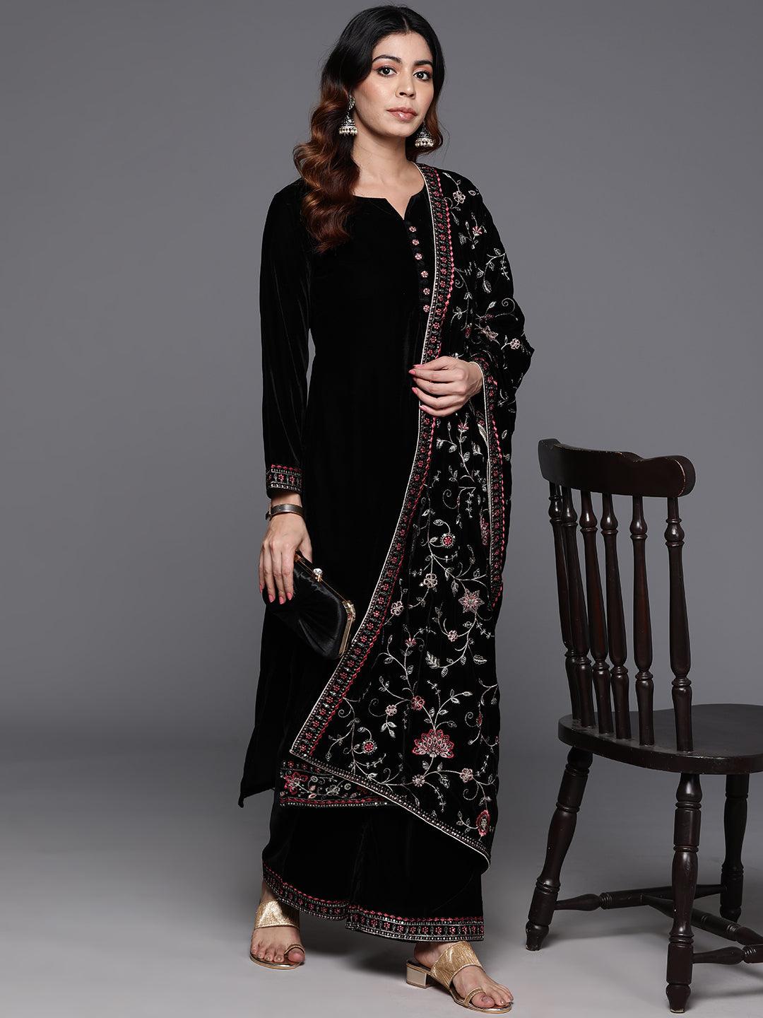 Black Solid Velvet Straight Kurta With Palazzos & Dupatta - ShopLibas