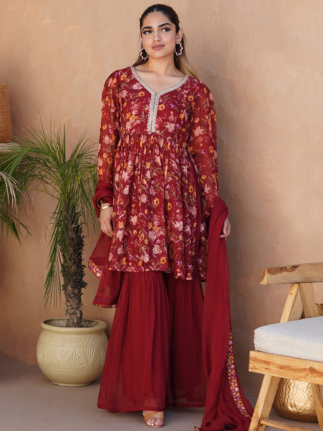 Maroon Printed Organza A-Line Kurta With Sharara & Dupatta