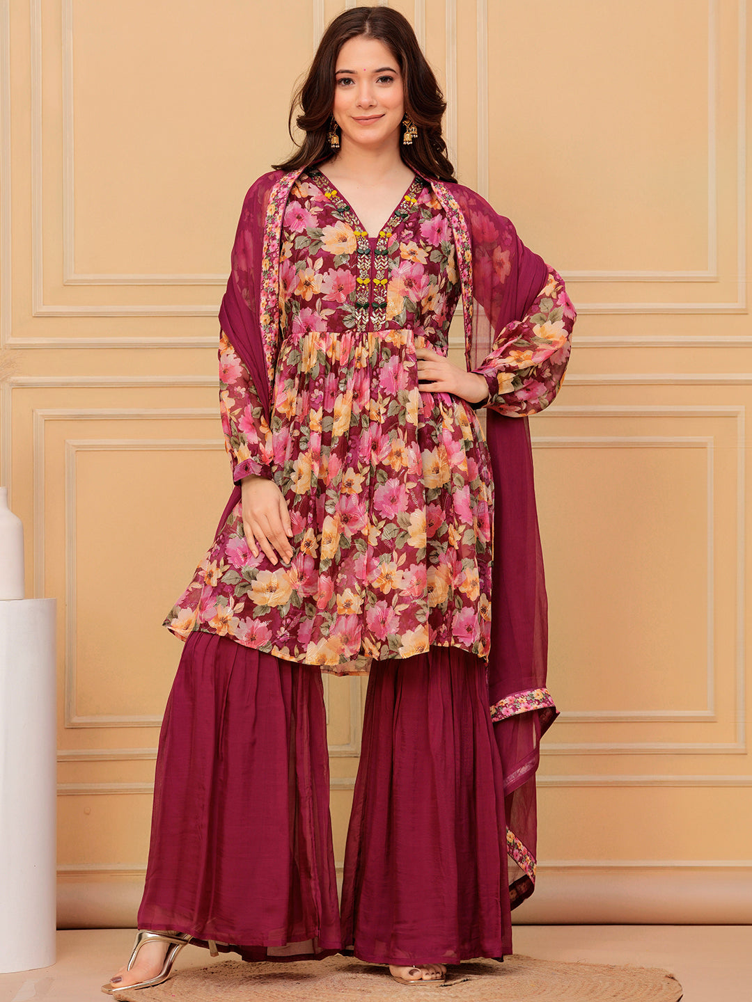 Maroon Printed Organza A-Line Kurta With Sharara & Dupatta