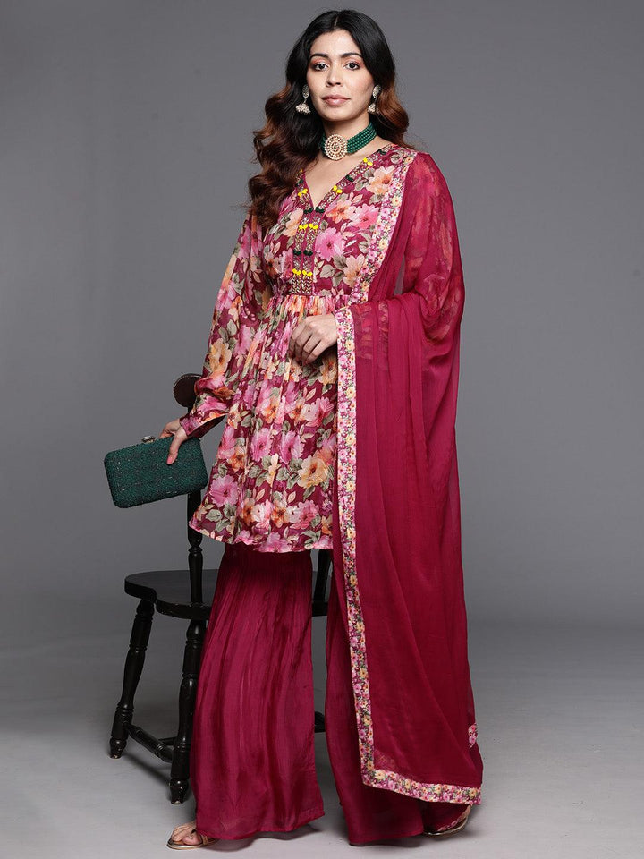 Maroon Printed Organza A-Line Kurta With Sharara & Dupatta - ShopLibas