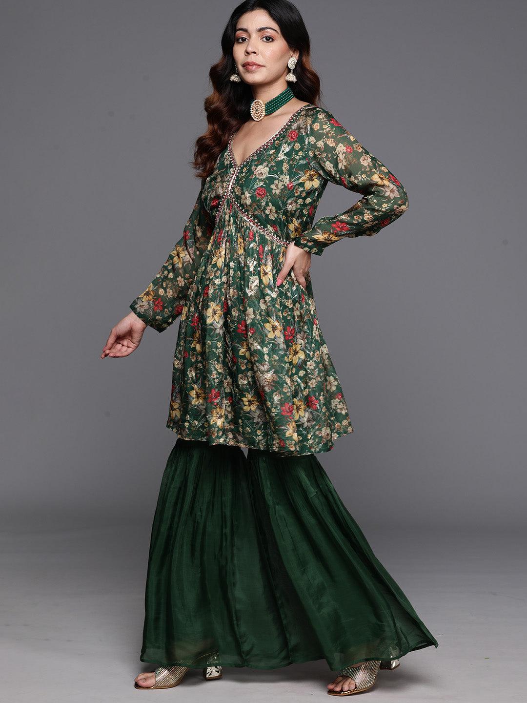 Green Printed Organza A-Line Kurta With Sharara & Dupatta - ShopLibas