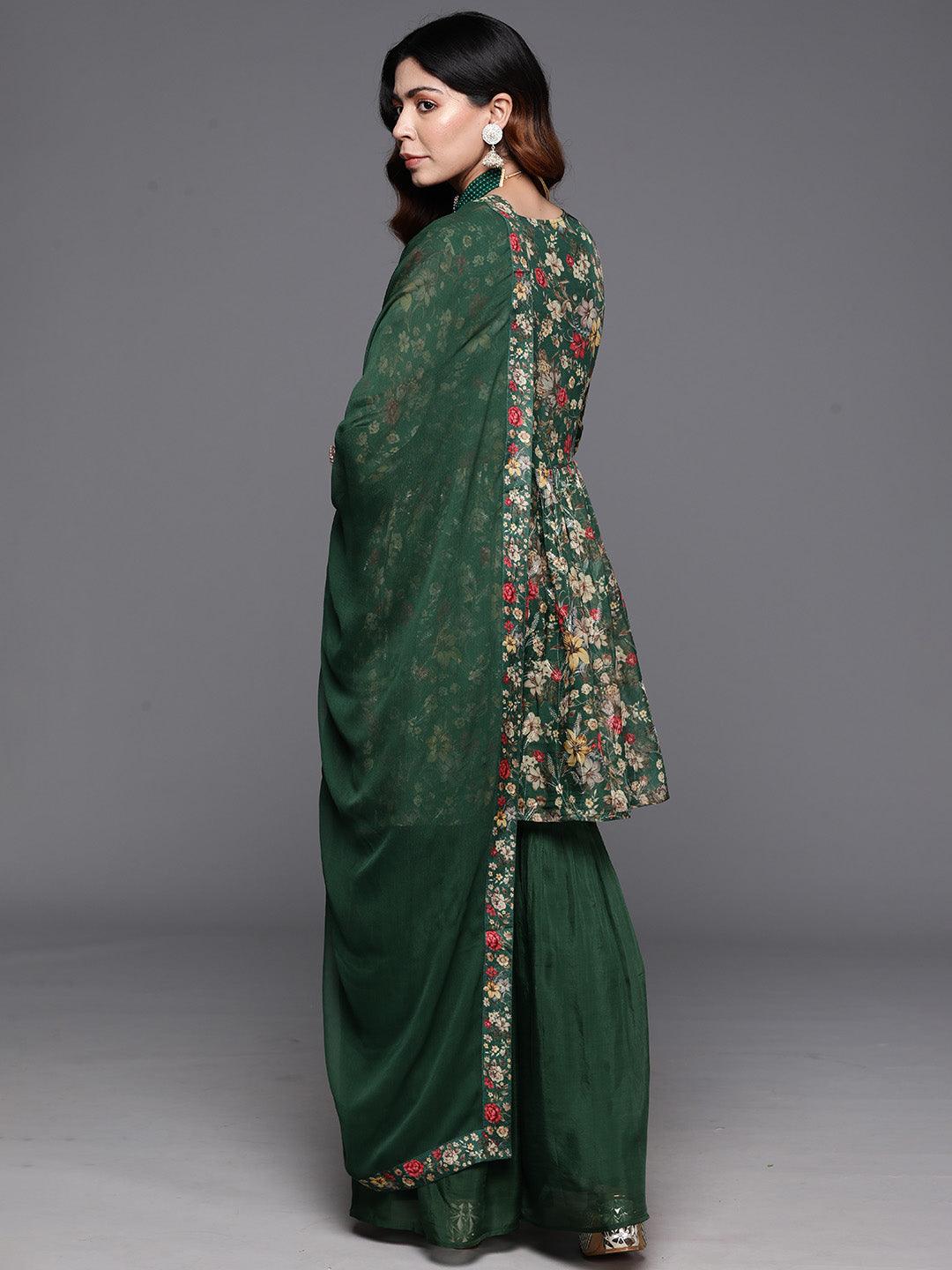 Green Printed Organza A-Line Kurta With Sharara & Dupatta - ShopLibas