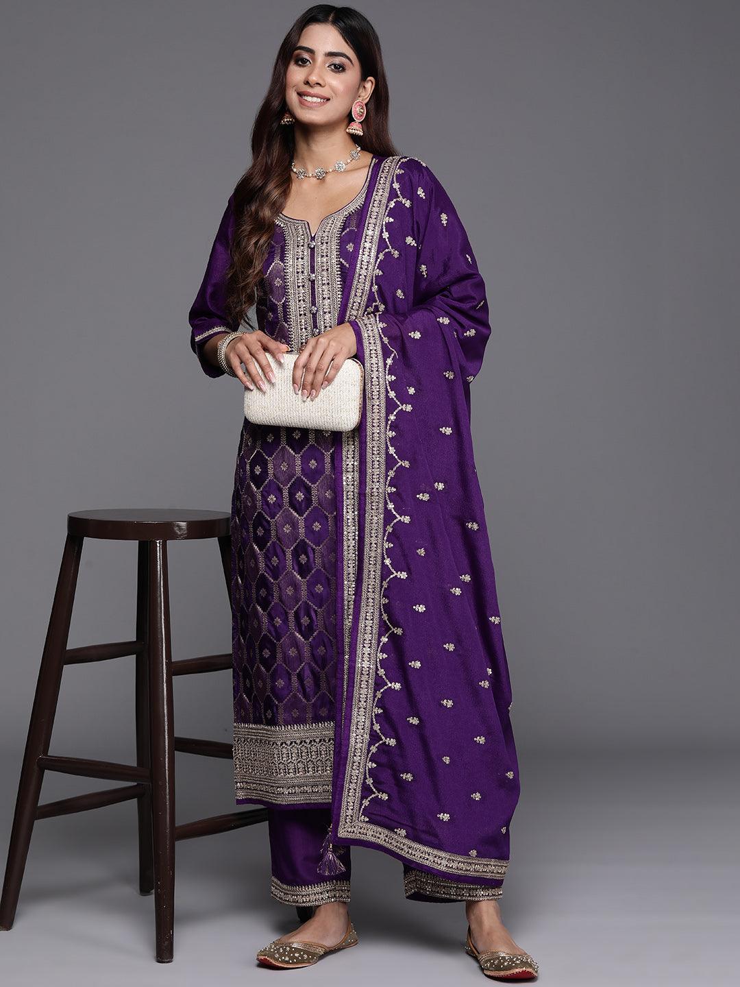 Purple Woven Design Silk Blend Straight Kurta With Palazzos & Dupatta - ShopLibas