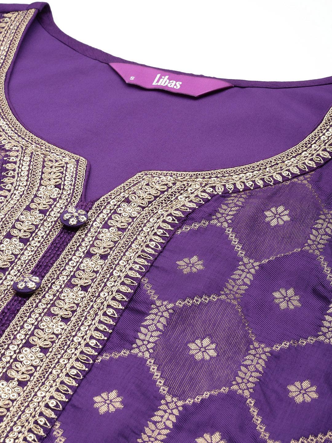 Purple Woven Design Silk Blend Straight Kurta With Palazzos & Dupatta - ShopLibas