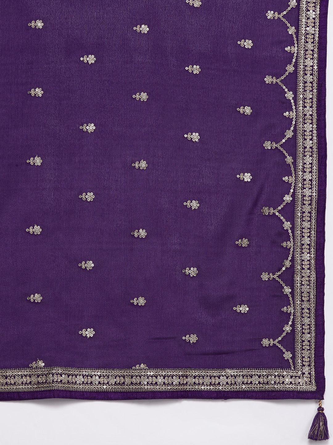 Purple Woven Design Silk Blend Straight Kurta With Palazzos & Dupatta - ShopLibas