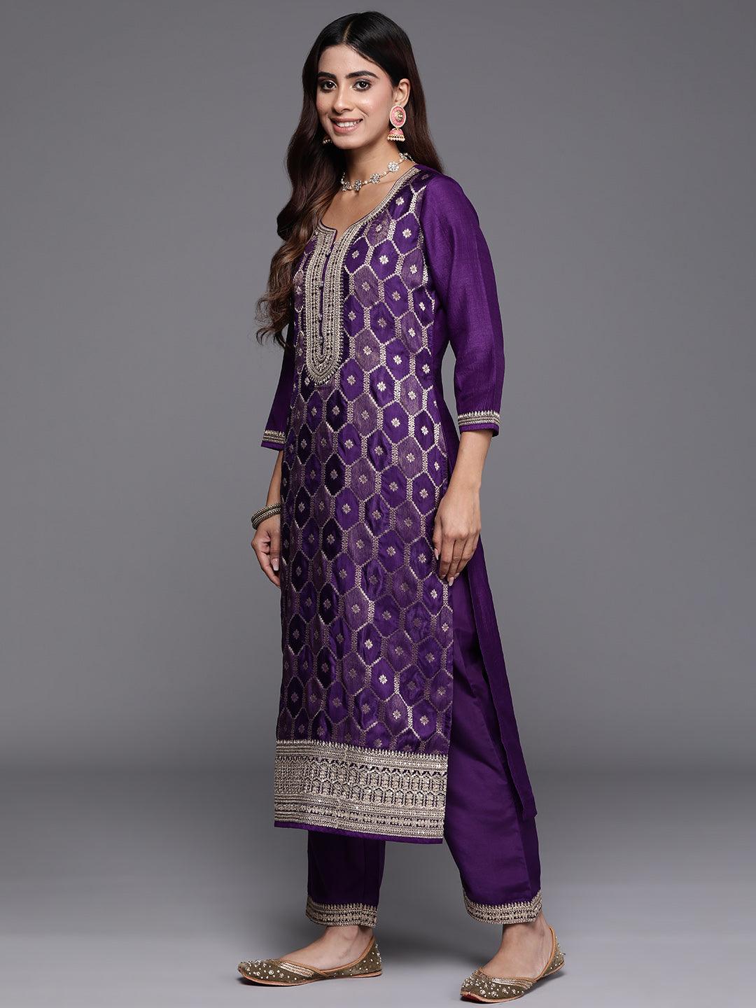 Purple Woven Design Silk Blend Straight Kurta With Palazzos & Dupatta - ShopLibas