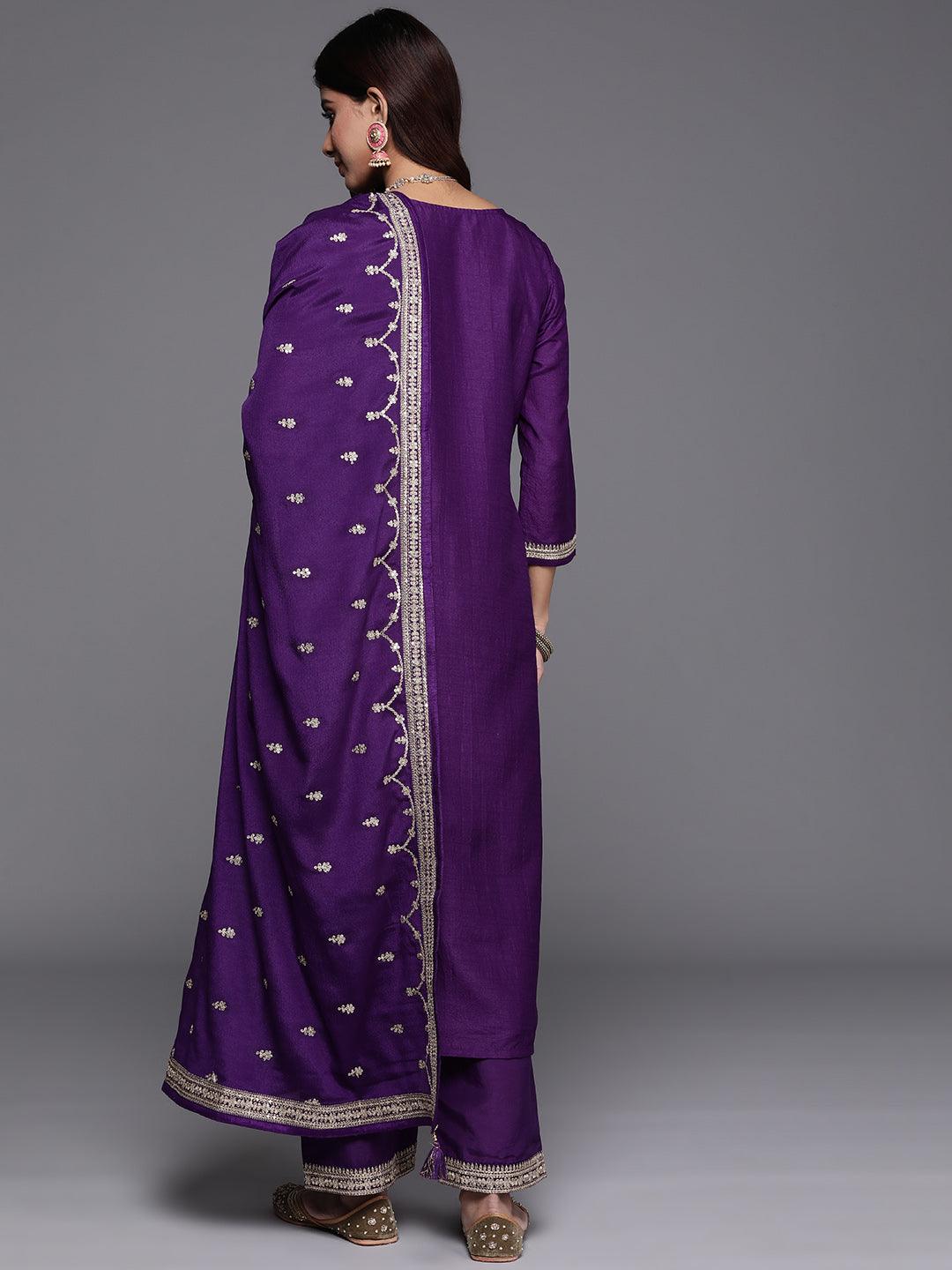 Purple Woven Design Silk Blend Straight Kurta With Palazzos & Dupatta - ShopLibas