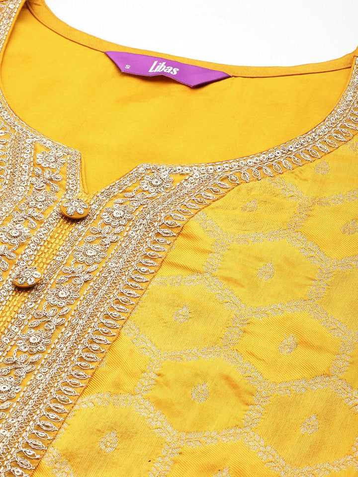 Yellow Woven Design Silk Blend Straight Kurta With Palazzos & Dupatta - ShopLibas