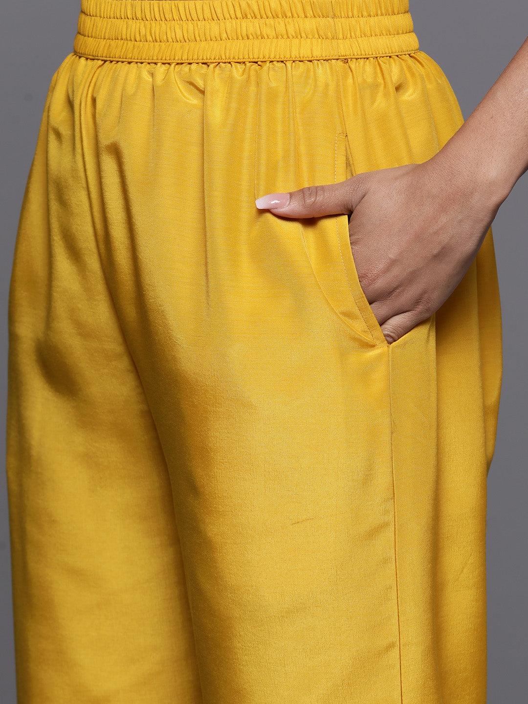 Yellow Woven Design Silk Blend Straight Kurta With Palazzos & Dupatta - ShopLibas