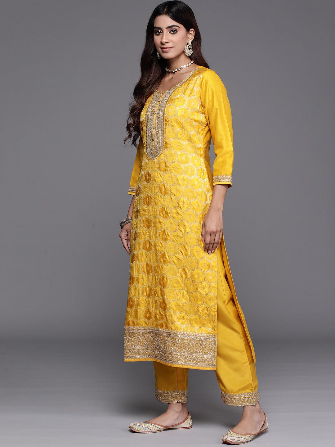 Yellow Woven Design Silk Blend Straight Kurta With Palazzos & Dupatta - ShopLibas