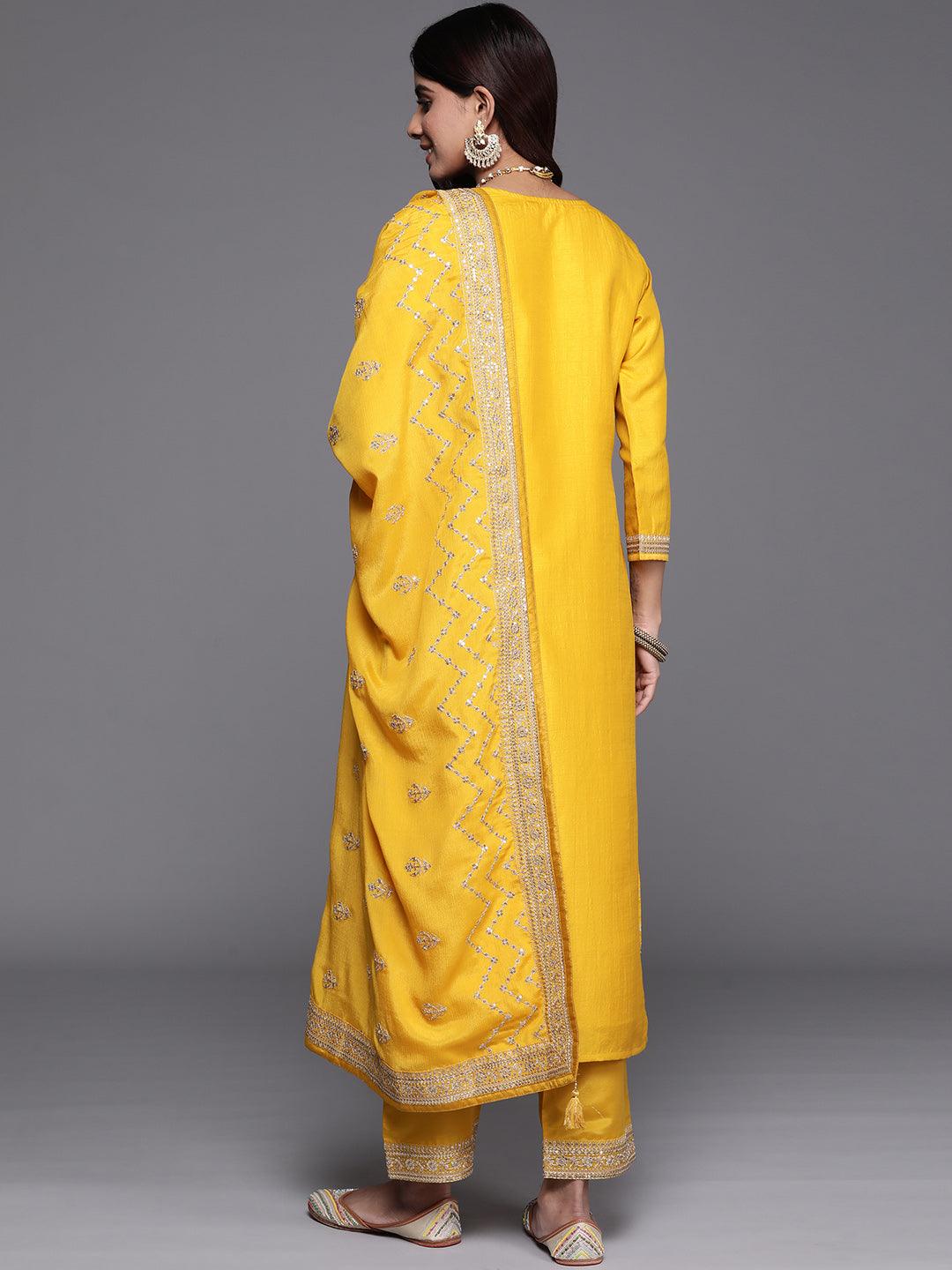 Yellow Woven Design Silk Blend Straight Kurta With Palazzos & Dupatta - ShopLibas