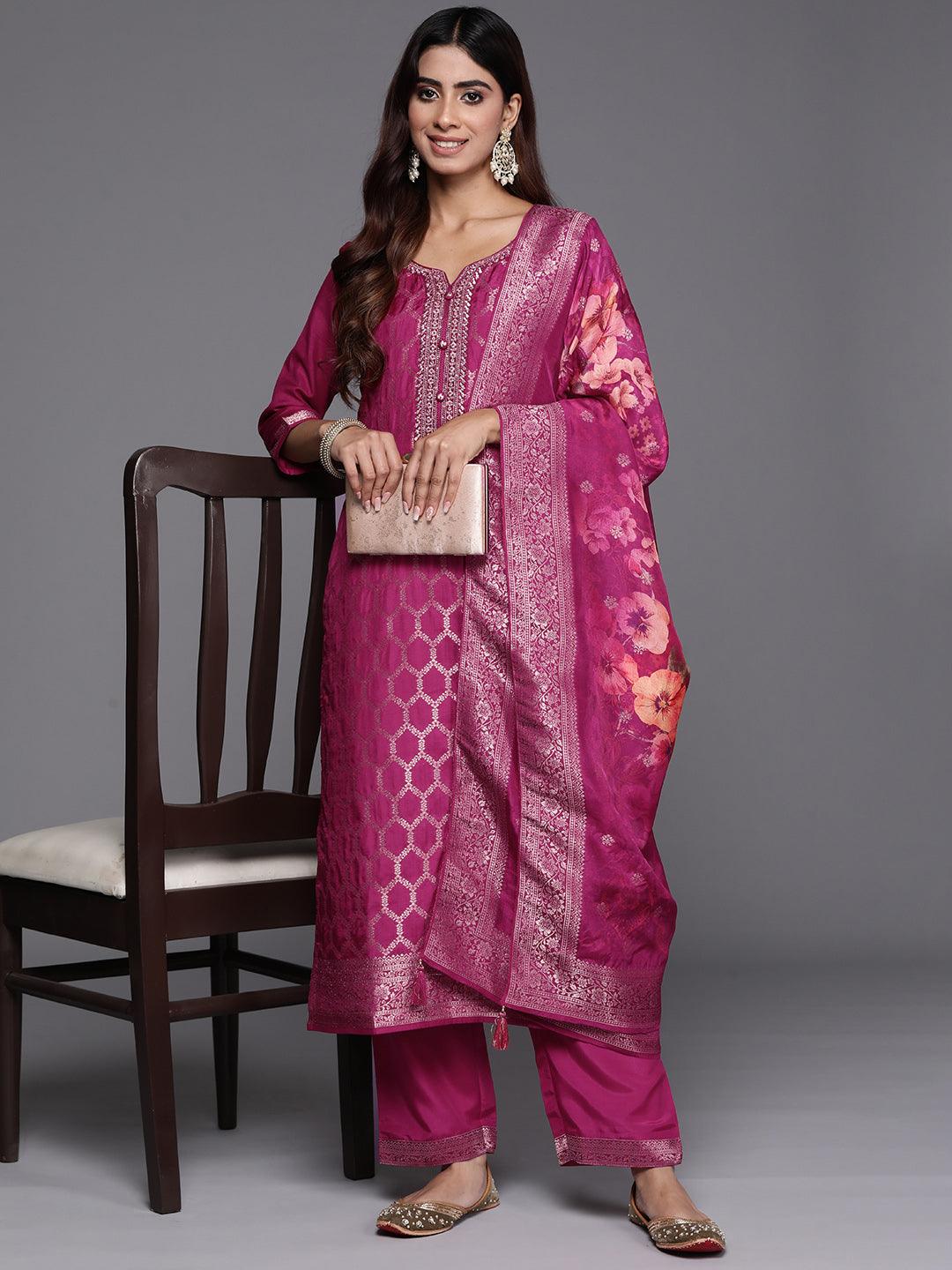 Magenta Woven Design Silk Blend Straight Kurta With Palazzos & Dupatta - ShopLibas