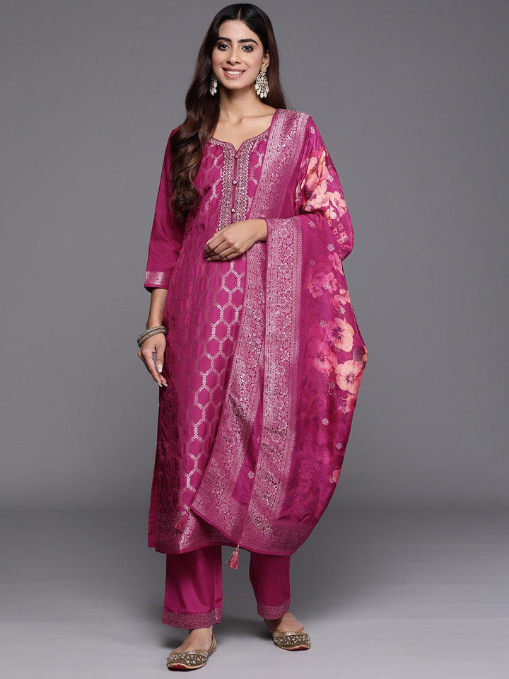 Magenta Woven Design Silk Blend Straight Kurta With Palazzos & Dupatta - ShopLibas