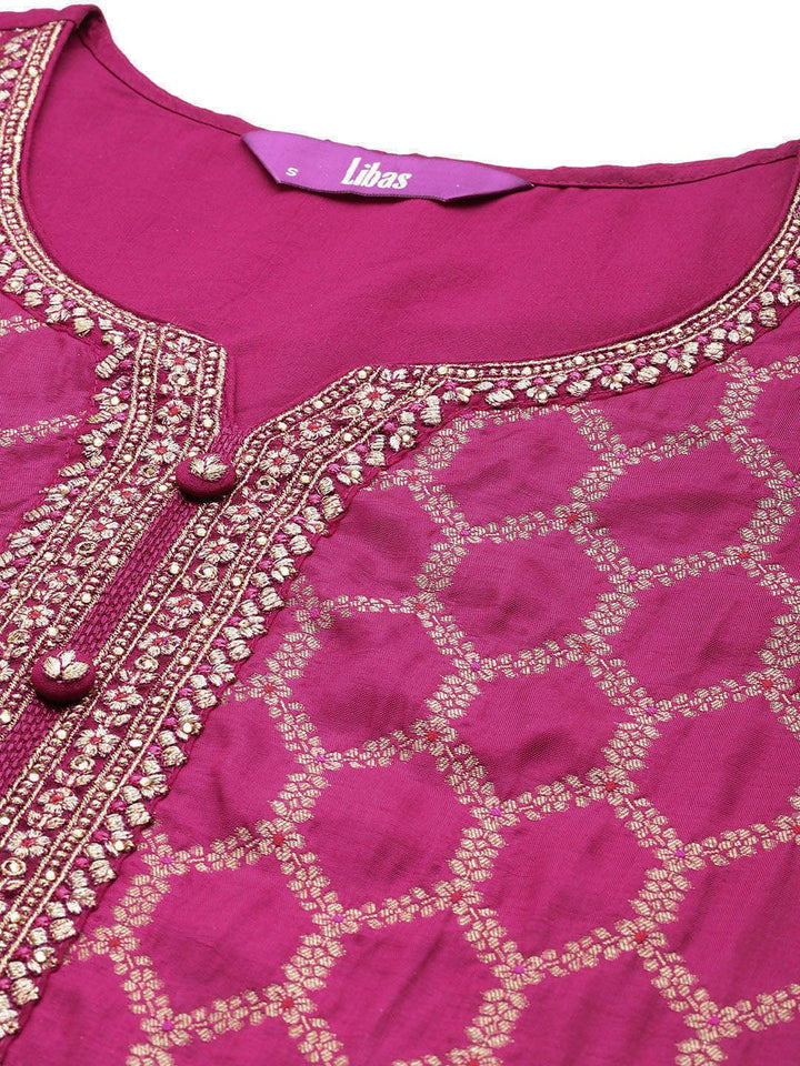 Magenta Woven Design Silk Blend Straight Kurta With Palazzos & Dupatta - ShopLibas