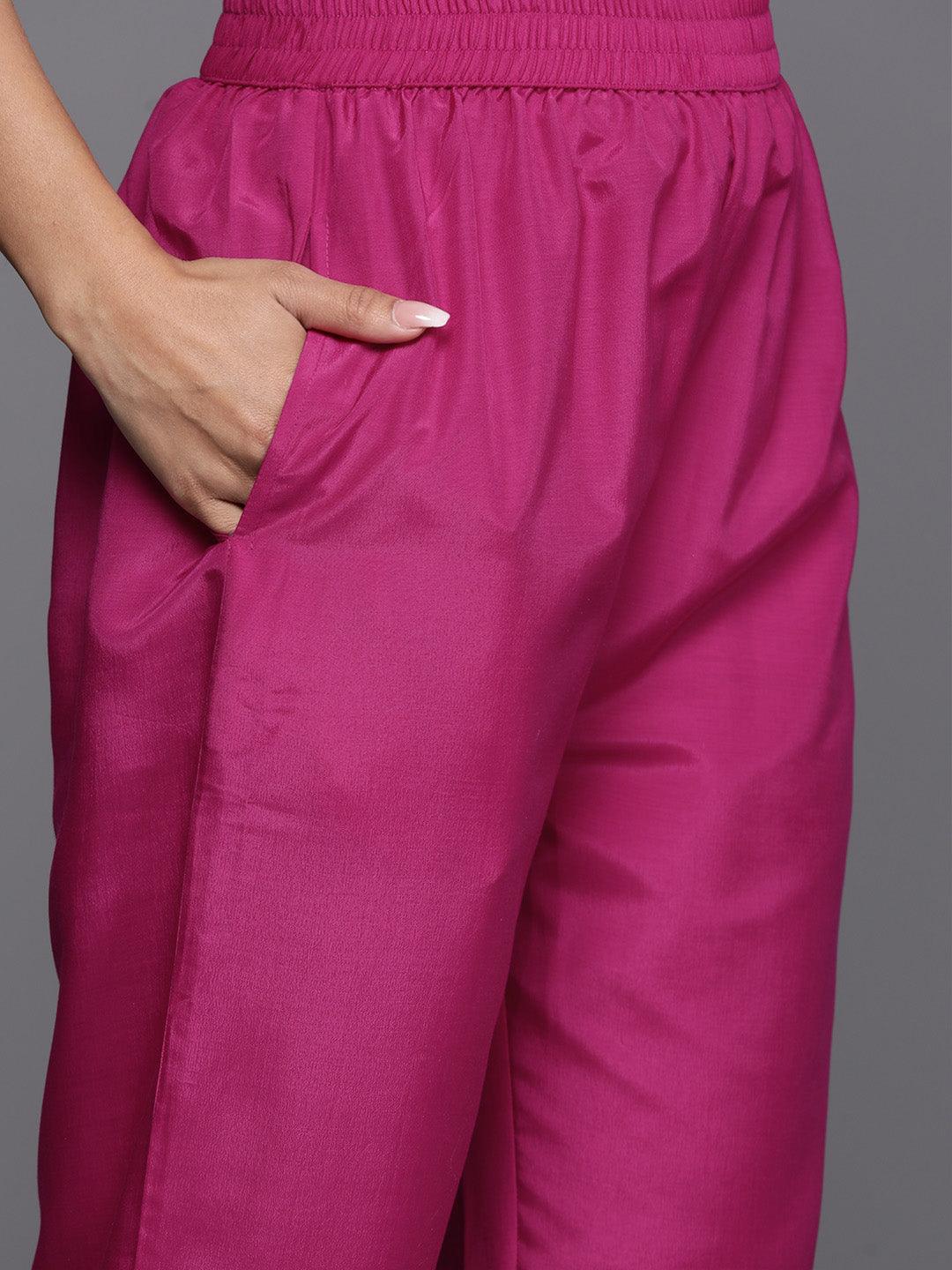 Magenta Woven Design Silk Blend Straight Kurta With Palazzos & Dupatta - ShopLibas