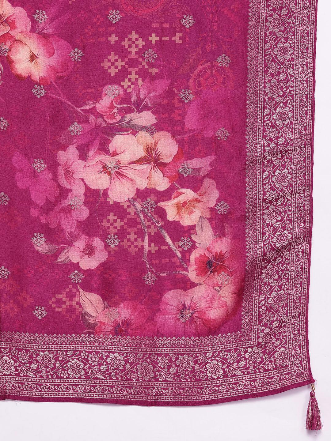 Magenta Woven Design Silk Blend Straight Kurta With Palazzos & Dupatta - ShopLibas