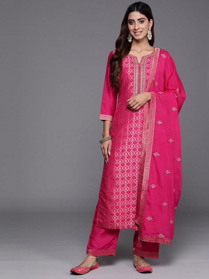 Pink Woven Design Silk Blend Straight Kurta With Palazzos & Dupatta - ShopLibas