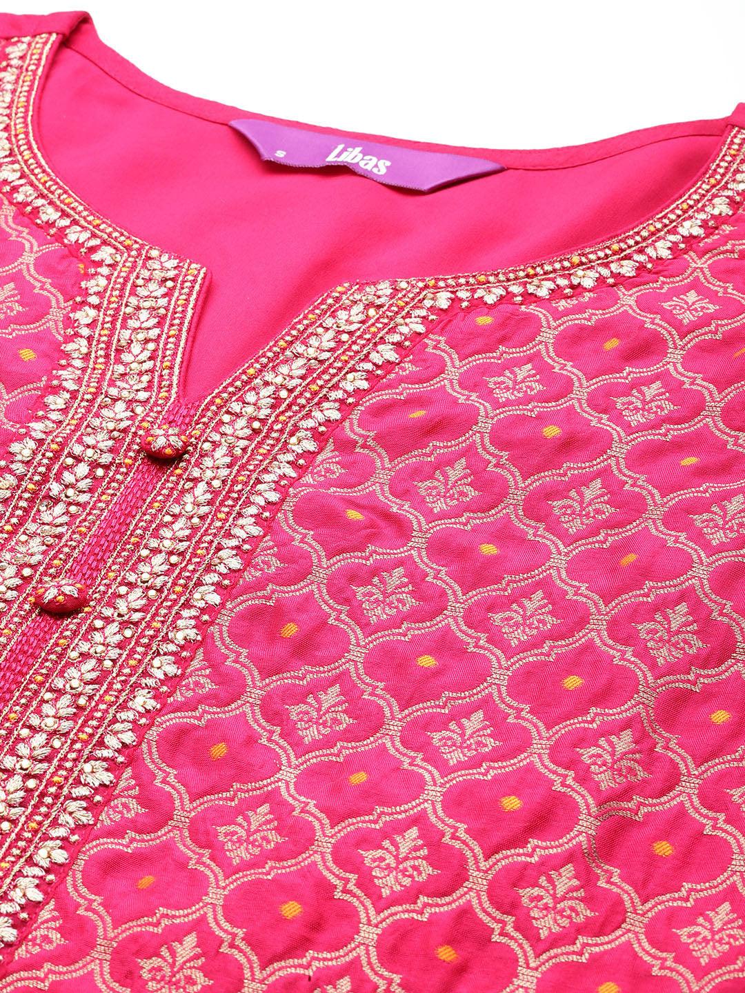 Pink Woven Design Silk Blend Straight Kurta With Palazzos & Dupatta - ShopLibas