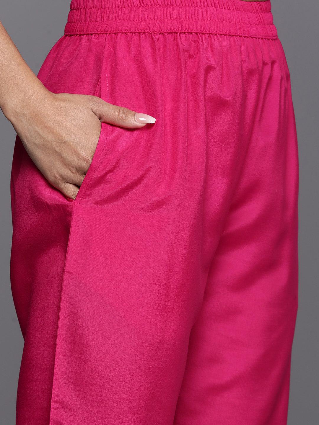 Pink Woven Design Silk Blend Straight Kurta With Palazzos & Dupatta - ShopLibas