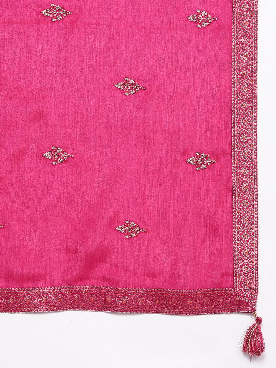 Pink Woven Design Silk Blend Straight Kurta With Palazzos & Dupatta - ShopLibas