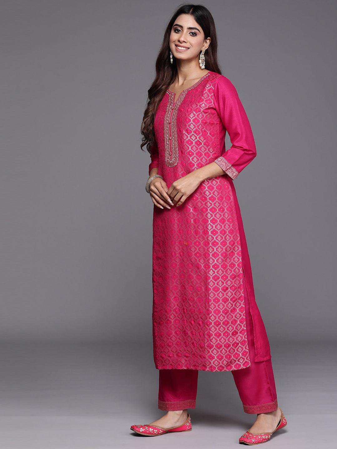 Pink Woven Design Silk Blend Straight Kurta With Palazzos & Dupatta - ShopLibas