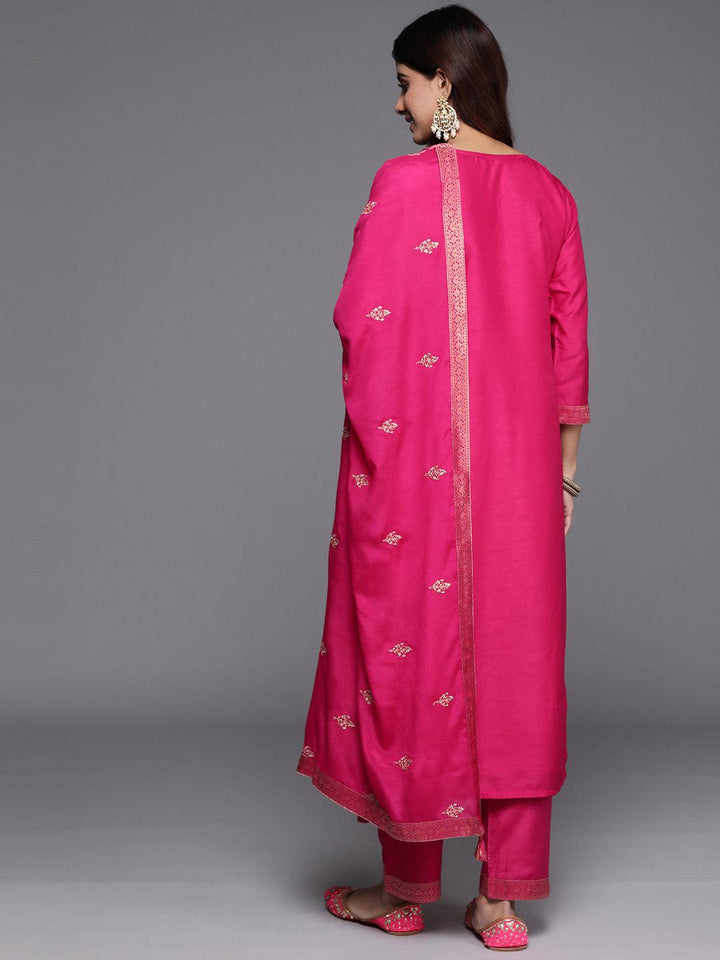 Pink Woven Design Silk Blend Straight Kurta With Palazzos & Dupatta - ShopLibas