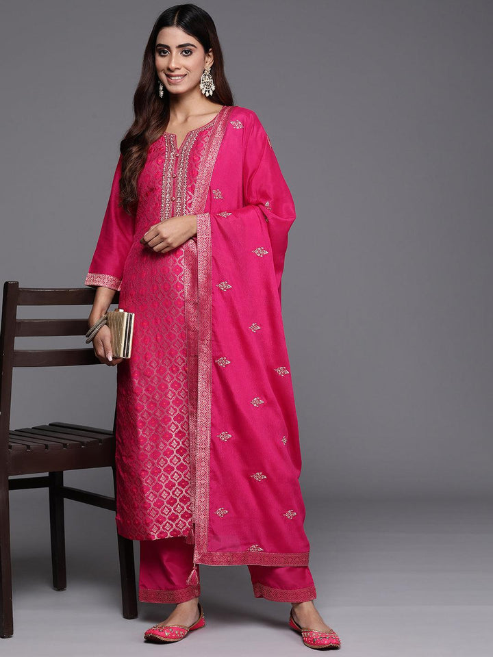 Pink Woven Design Silk Blend Straight Kurta With Palazzos & Dupatta - ShopLibas