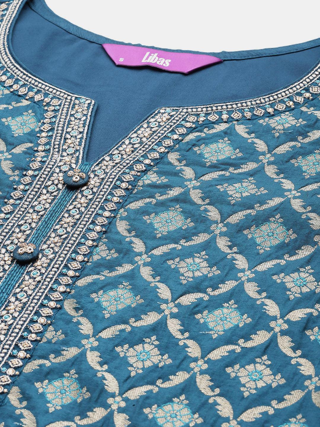 Teal Woven Design Silk Blend Straight Kurta With Palazzos & Dupatta - ShopLibas