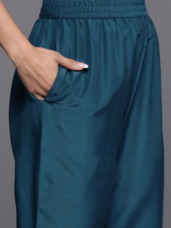 Teal Woven Design Silk Blend Straight Kurta With Palazzos & Dupatta - ShopLibas