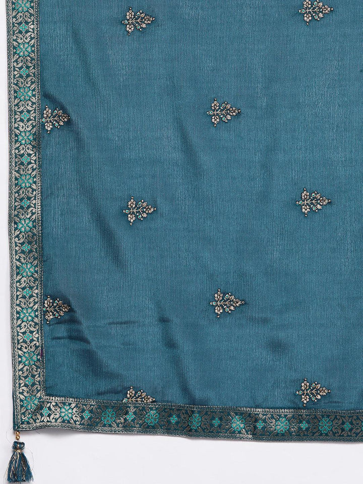 Teal Woven Design Silk Blend Straight Kurta With Palazzos & Dupatta - ShopLibas