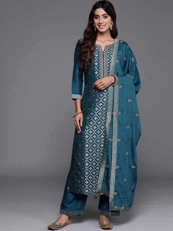 Teal Woven Design Silk Blend Straight Kurta With Palazzos & Dupatta - ShopLibas