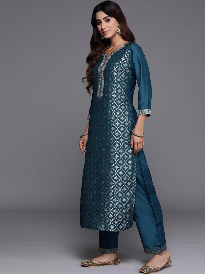 Teal Woven Design Silk Blend Straight Kurta With Palazzos & Dupatta - ShopLibas