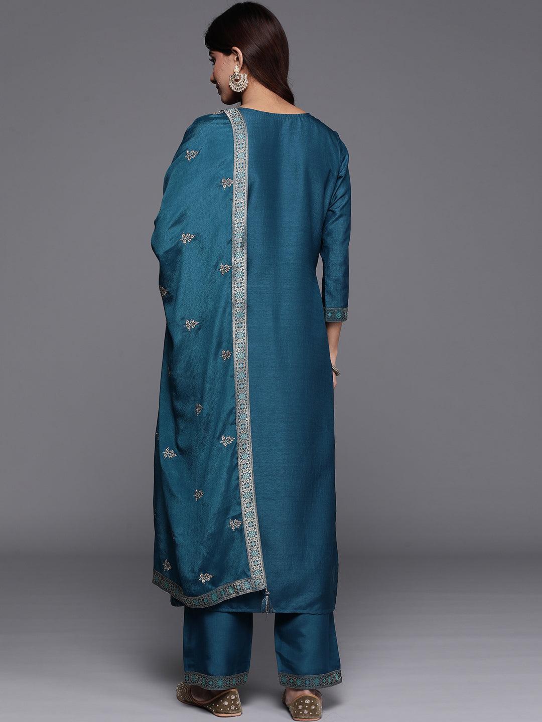 Teal Woven Design Silk Blend Straight Kurta With Palazzos & Dupatta - ShopLibas