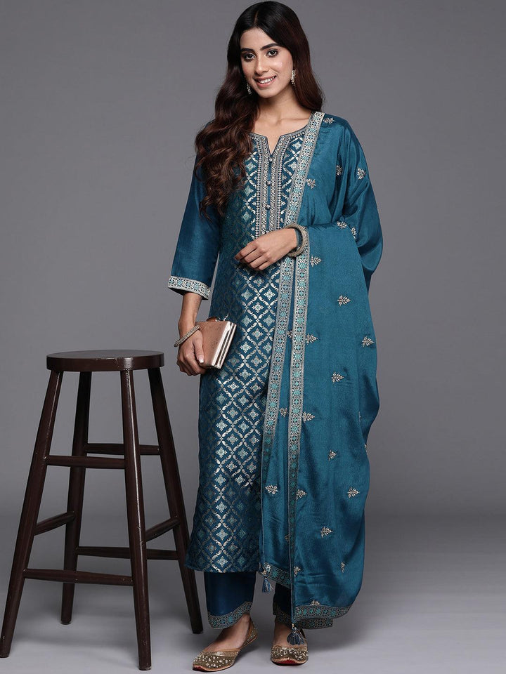 Teal Woven Design Silk Blend Straight Kurta With Palazzos & Dupatta - ShopLibas