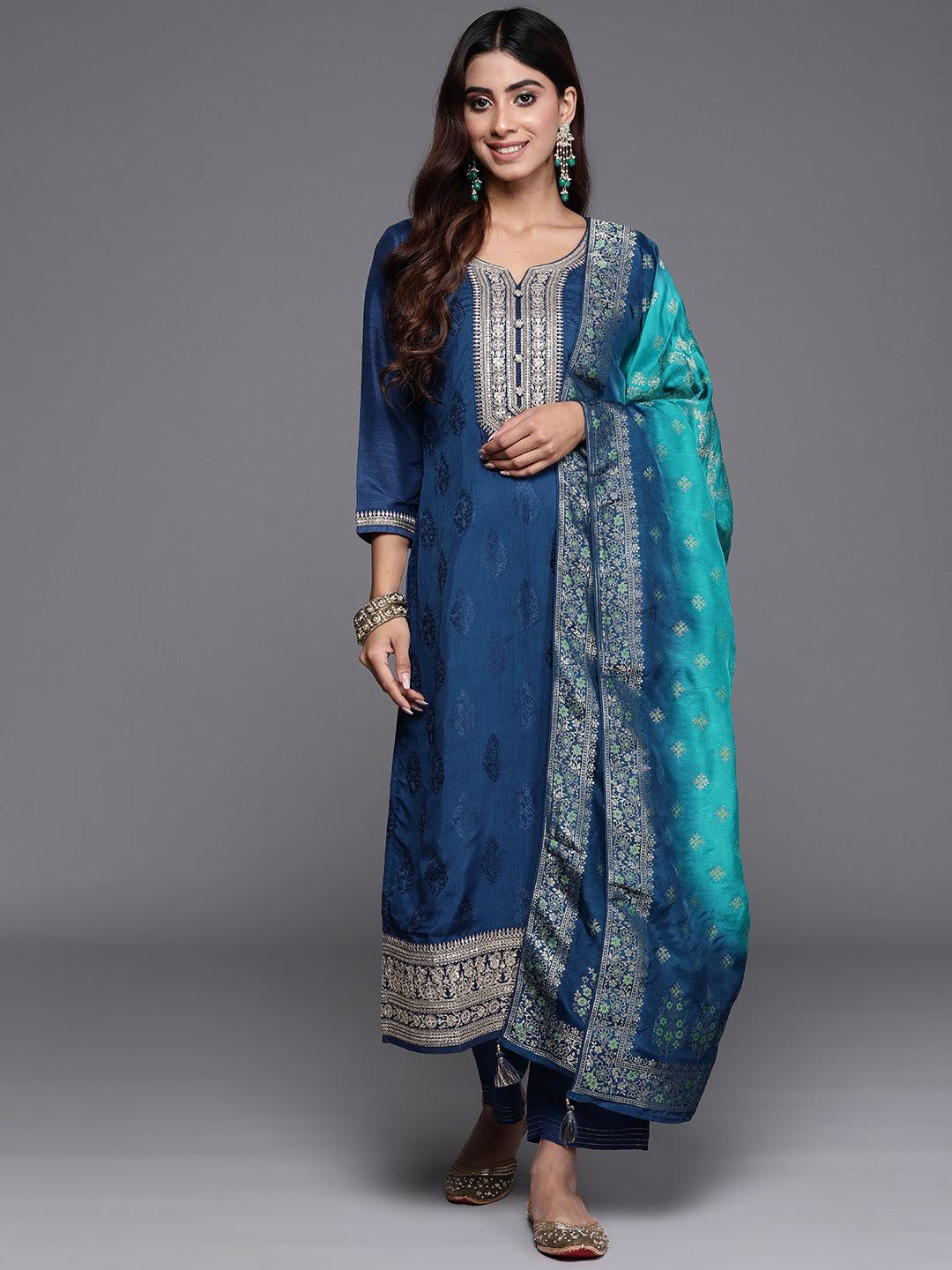 Teal Yoke Design Silk Blend Straight Kurta With Palazzos & Dupatta - ShopLibas