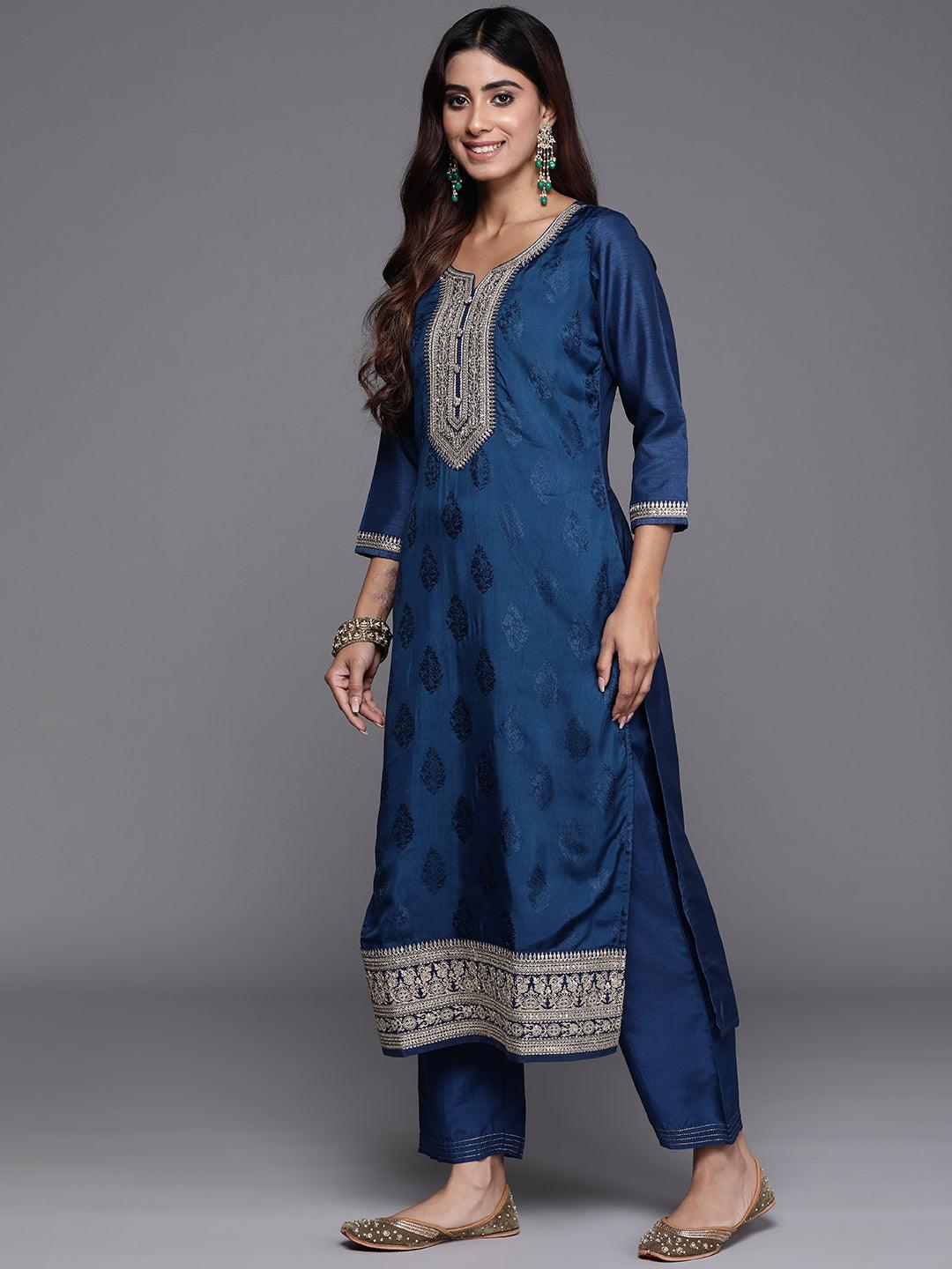 Teal Yoke Design Silk Blend Straight Kurta With Palazzos & Dupatta - ShopLibas