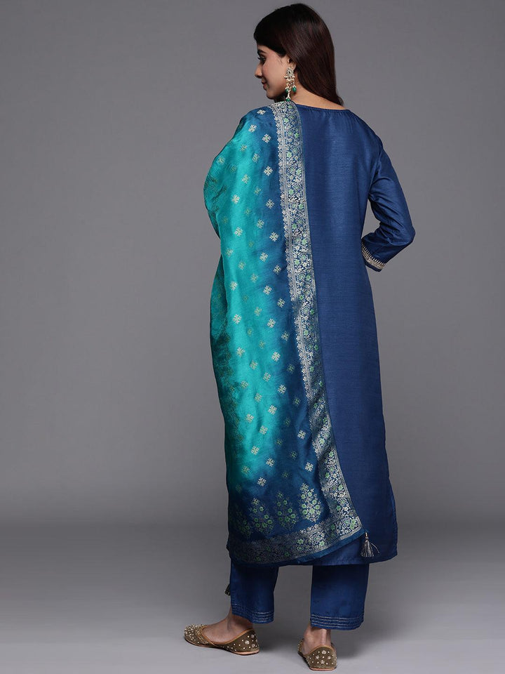 Teal Yoke Design Silk Blend Straight Kurta With Palazzos & Dupatta - ShopLibas