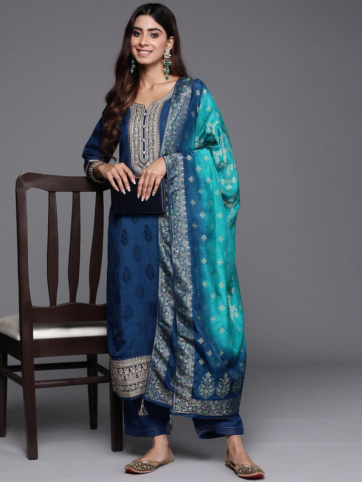 Teal Yoke Design Silk Blend Straight Kurta With Palazzos & Dupatta - ShopLibas