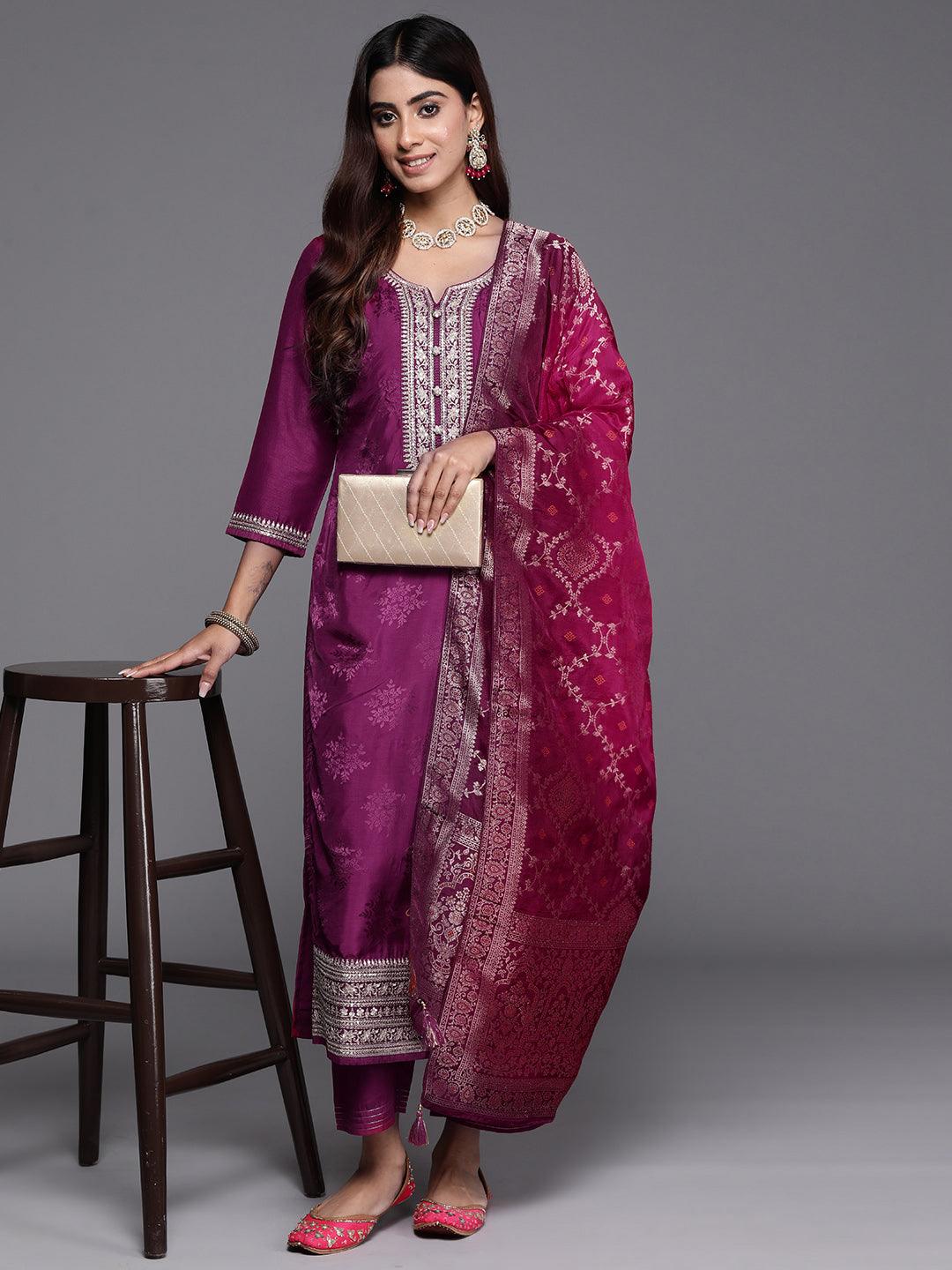 Maroon Yoke Design Silk Blend Straight Suit With Dupatta