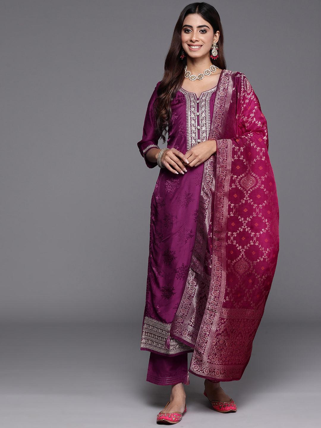 Maroon Yoke Design Silk Blend Straight Suit With Dupatta