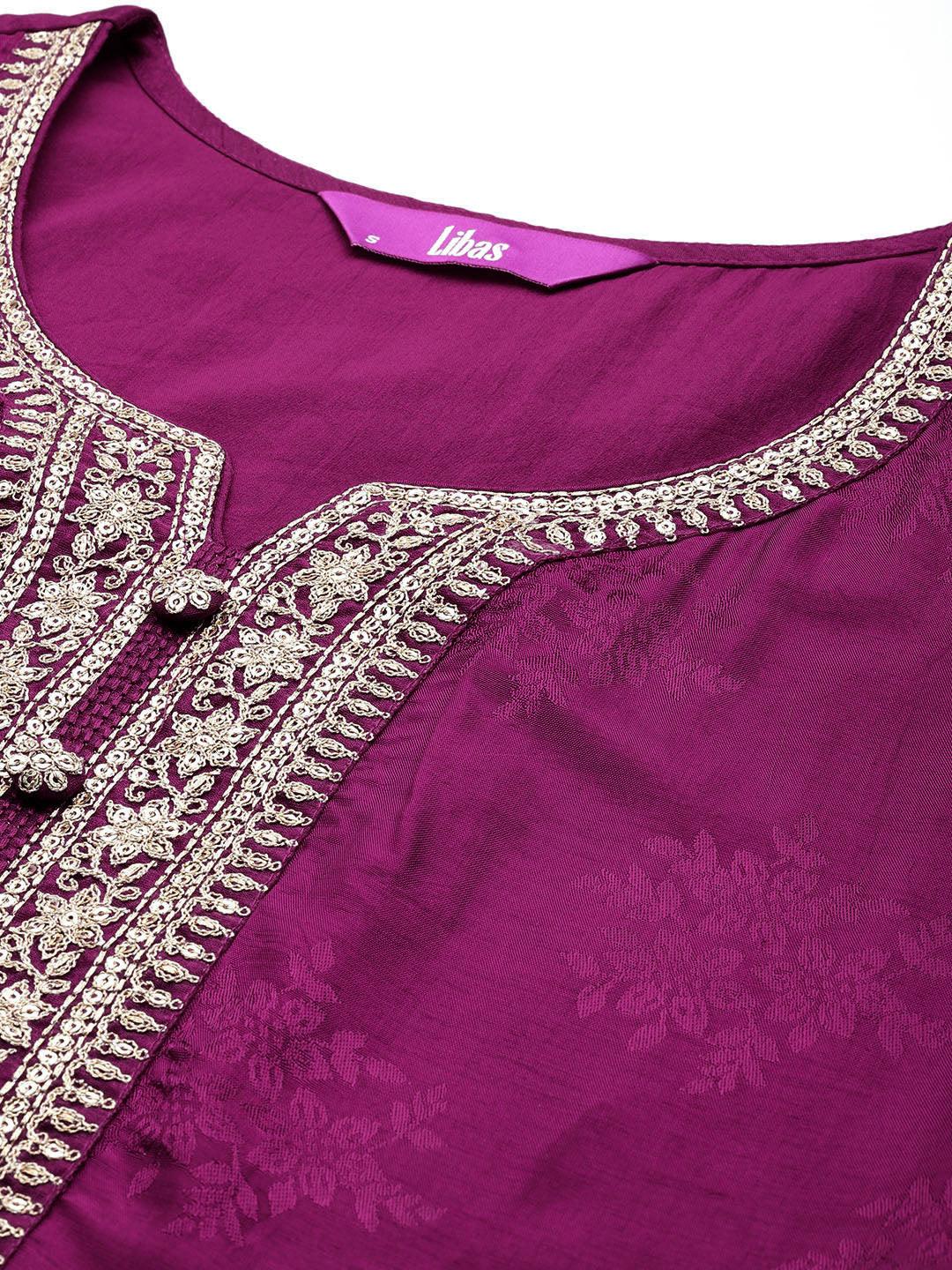 Maroon Yoke Design Silk Blend Straight Kurta With Palazzos & Dupatta - ShopLibas