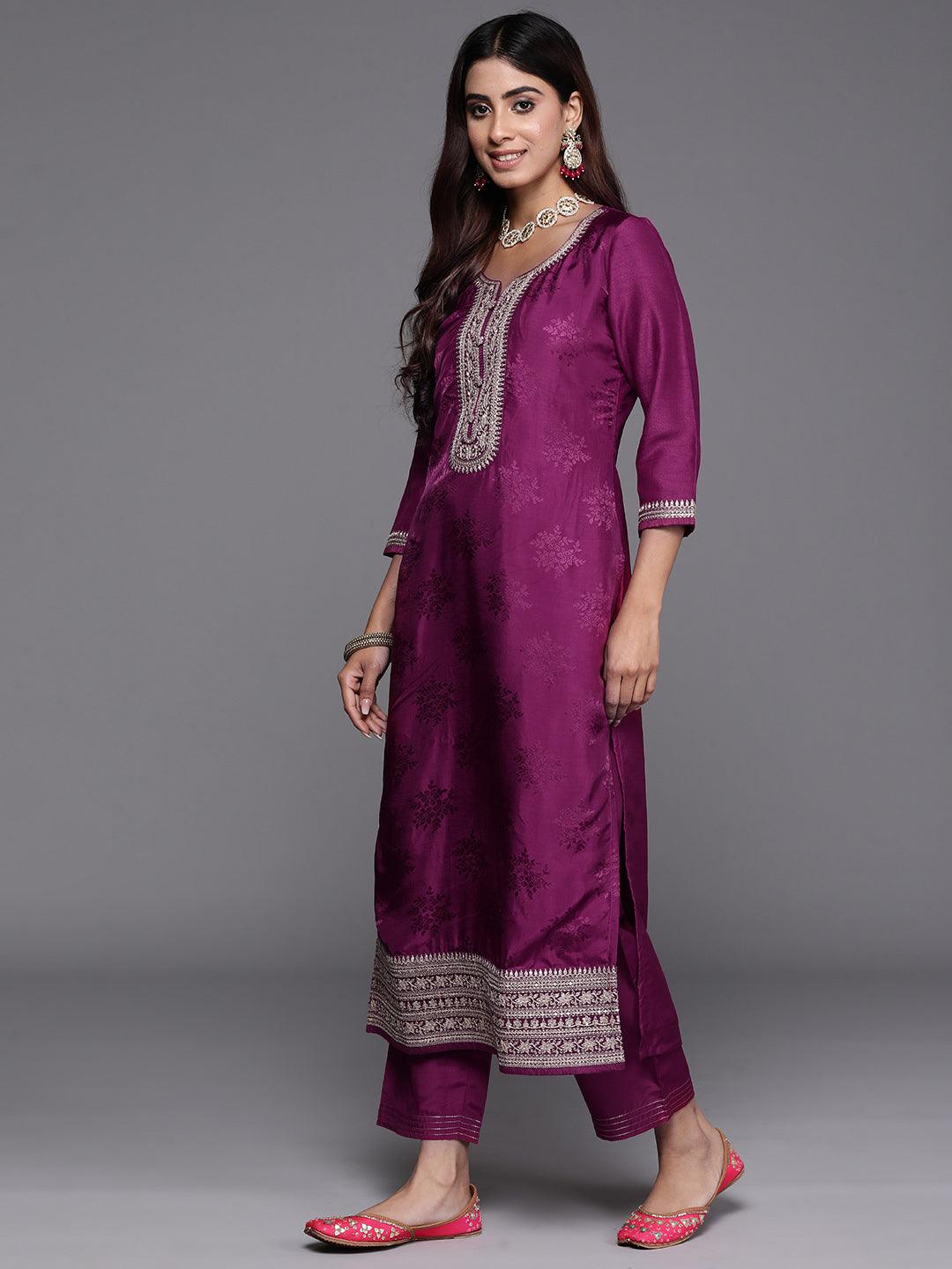 Maroon Yoke Design Silk Blend Straight Suit With Dupatta