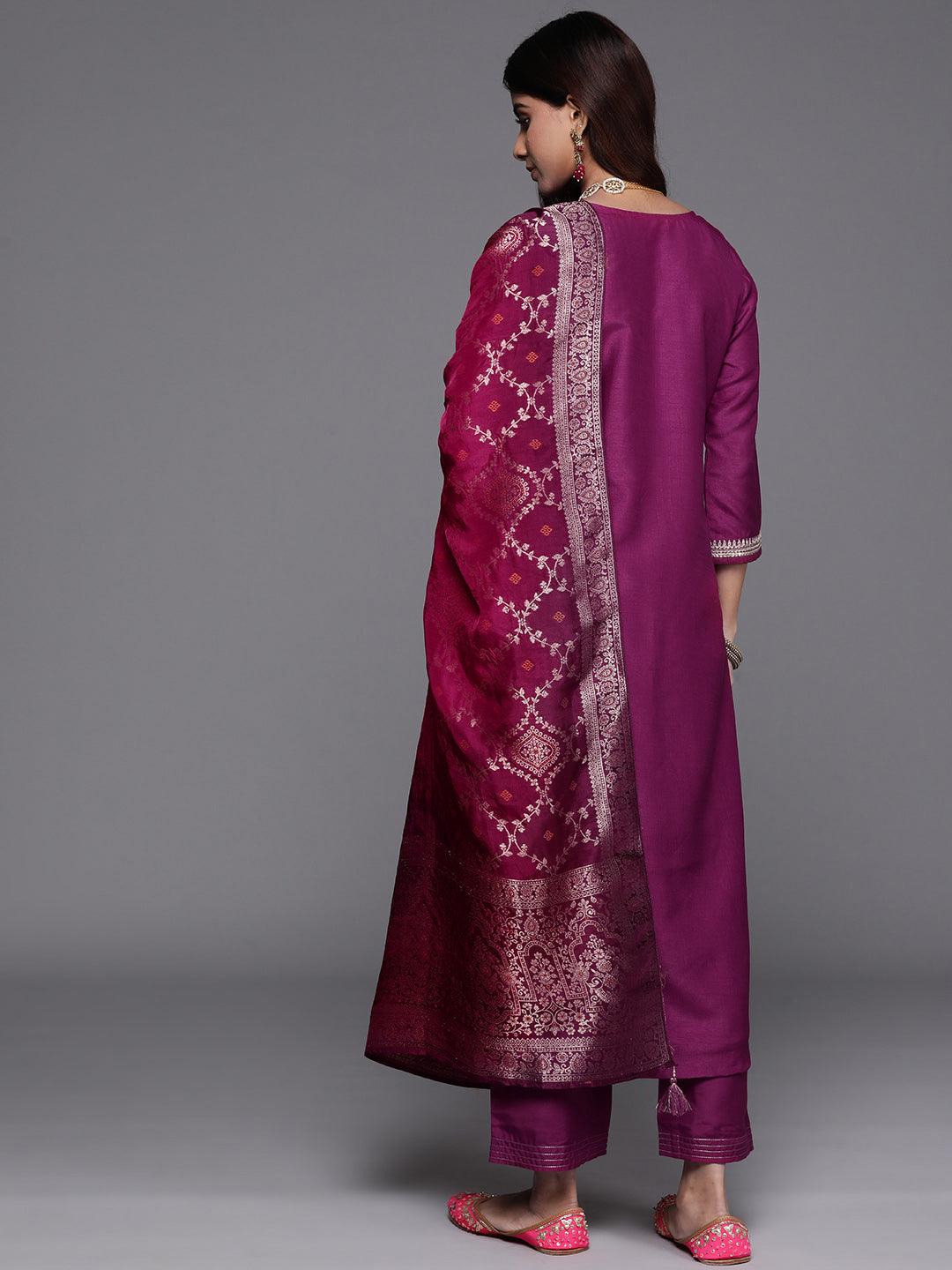 Maroon Yoke Design Silk Blend Straight Suit With Dupatta